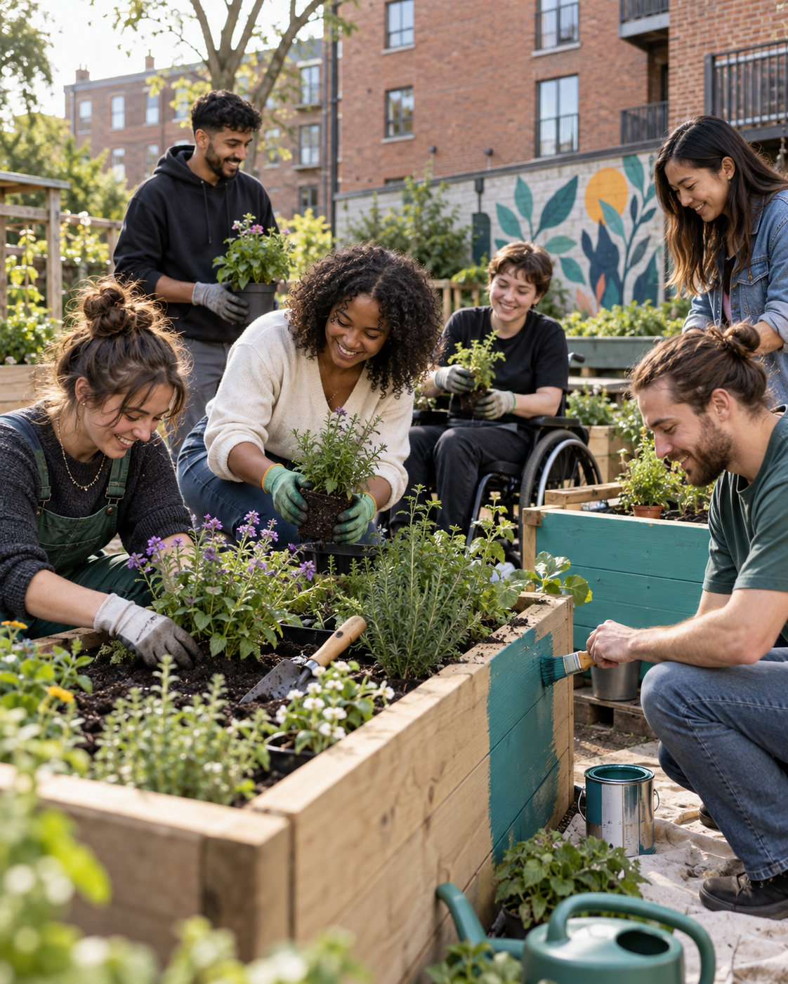 Young adults building an accessible COMMUNITY garden together