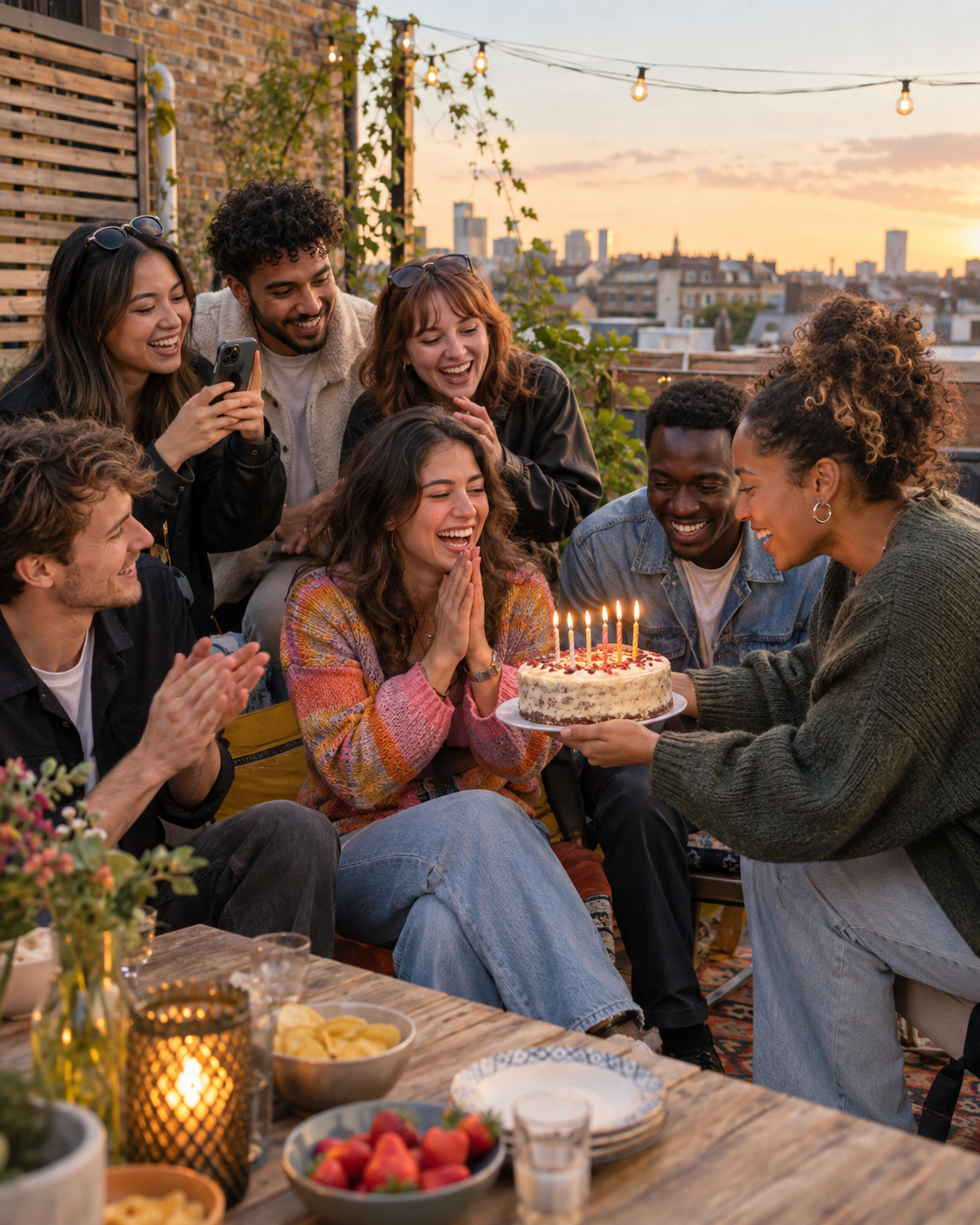 Young friends celebrating a birthday together on a city rooftop