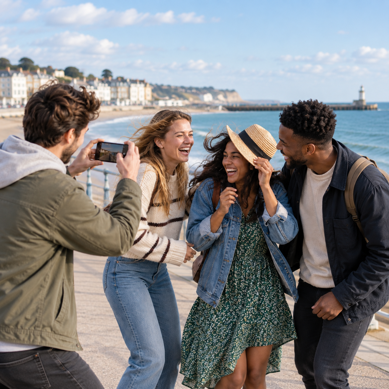 Four young friends laughing together on a British seaside promenade while one captures the Moment