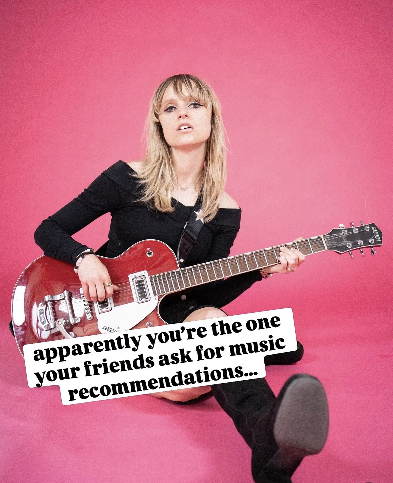 Guitarist against a pink background with a music recommendations caption